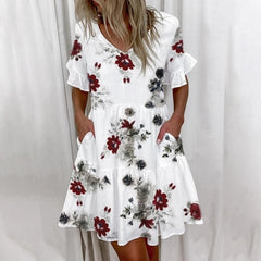 Women Ruffles Mini Dress Elegant A-Line Sexy V Neck Floral Print Vintage Dresses Female Loose Pocket Casual Party Vestidos