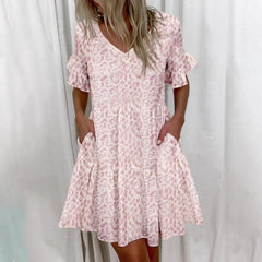 Women Ruffles Mini Dress Elegant A-Line Sexy V Neck Floral Print Vintage Dresses Female Loose Pocket Casual Party Vestidos