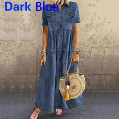 Women Summer Autumn Denim Long Dresses Retro Button Pockets Jeans Maxi Dress Ladies Casual Vestidos