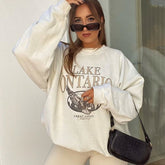 Streetwear Beige White Vintage Letter Printed High Quality Crewneck Sweatshirt Women Oversized Winter Clothes Tops Casual