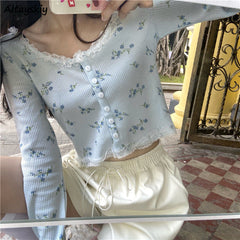 Women Cardigan Sweet Crop Top Design Patchwork Lace Floral Gentle Students All-match Retro Single Breasted Korean Style Chic Ins