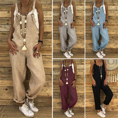 Women Casual Jumpsuits Vintage Solid Rompers Lace Up Strappy Loose Wide Leg Dungarees Bib Overalls Female Playsuits