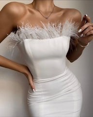 New Fahion Sexy Strapless Backless Feather Black Midi Women Bodycon Bandage Dress 2021 Designer Fashion Party Club Dress Vestido