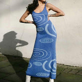 KANCOOL Print Knit Bodycon Dress Women Green Y2K Summer Hollow Out Sexy Sleeveless Spaghetti Strap Midi Dresses Party