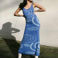 KANCOOL Print Knit Bodycon Dress Women Green Y2K Summer Hollow Out Sexy Sleeveless Spaghetti Strap Midi Dresses Party