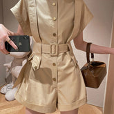 Rompers Women Short Sleeve with Sashes Solid Simple Office Ladies Work Wear European Style Plus Size S-3XL Slim Fashion Femme