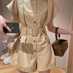Rompers Women Short Sleeve with Sashes Solid Simple Office Ladies Work Wear European Style Plus Size S-3XL Slim Fashion Femme