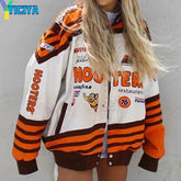 Women Autumn Coat Jacket Red Printed Casual Long Sleeve Oversized Jackets Sport Style Polyester Bomber Jacket Women Vintage 2021