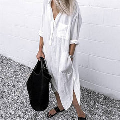Summer Dress For women Linen Maxi Shirt Dresses Ladies Elegant Casual Vestidos Female Tunic Plus size 5XL Long Dress White