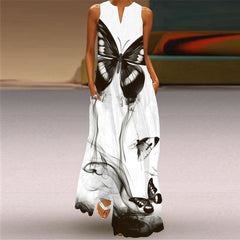 LIZAKOSHT - New White Dress Casual Vintage Sleeveless Long Dresses Summer Woman Butterfly Printed Girls Beach Maxi Dress Women