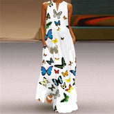 LIZAKOSHT - New White Dress Casual Vintage Sleeveless Long Dresses Summer Woman Butterfly Printed Girls Beach Maxi Dress Women