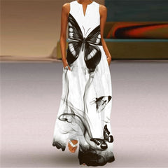 LIZAKOSHT - New White Dress Casual Vintage Sleeveless Long Dresses Summer Woman Butterfly Printed Girls Beach Maxi Dress Women