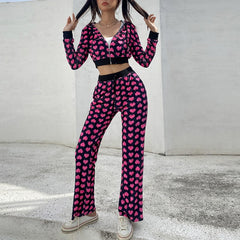 HEYounGIRL Velvet Heart Print Cropped Top Bomber Jacket Women Autumn Cute Pink Long Sleeve Coats Zipper Winter Y2K 90s Overcoat