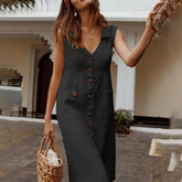 New Fashion Summer Women's Dress Boho Style V-Neck Waist Plus Size Casual Solid Color Sleeveless V Neck Pockets Midi Dress