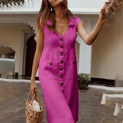 New Fashion Summer Women's Dress Boho Style V-Neck Waist Plus Size Casual Solid Color Sleeveless V Neck Pockets Midi Dress