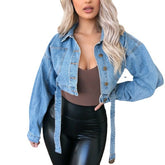 Autumn Women's Denim Cropped Jacket Female Pockets Hole Short Jean Jackets Ladies  New Fashion Button Casual Solid Coats