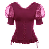 Women Shirts Retro Vintage Gothic Victorian 1/2 Sleeve V-Back Corset-Style Tops Sexy Elegant Club Evening Party Steampunk Blouse