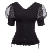 Women Shirts Retro Vintage Gothic Victorian 1/2 Sleeve V-Back Corset-Style Tops Sexy Elegant Club Evening Party Steampunk Blouse