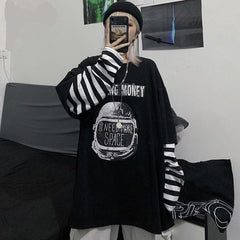 Lizakosht  Autumn tshirt Casual Letter Print O-Neck stripe Tees Creativity Loose T-Shirts Women Long Sleeve Oversize top Hip Hop Streetwear