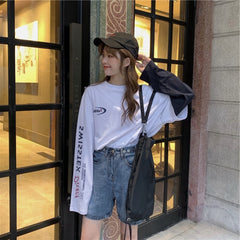 Lizakosht  Autumn tshirt Casual Letter Print O-Neck stripe Tees Creativity Loose T-Shirts Women Long Sleeve Oversize top Hip Hop Streetwear
