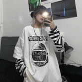 Lizakosht  Autumn tshirt Casual Letter Print O-Neck stripe Tees Creativity Loose T-Shirts Women Long Sleeve Oversize top Hip Hop Streetwear