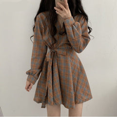 New Autumn Long Sleeve Dress Women Preppy Style Bow Palid V-neck Mini Plaid Dresses Korean High Waist Short Dress Elegant