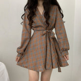 New Autumn Long Sleeve Dress Women Preppy Style Bow Palid V-neck Mini Plaid Dresses Korean High Waist Short Dress Elegant