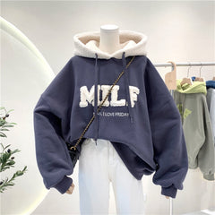 Letter Printing Embroidery Hoodies Female Winter Hooded Sweatshirts Large Size Fashionable Women's Clothing Preppy Style