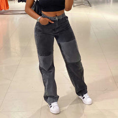 Boyfriend Jeans for Women Loose Patchwork High Waist Trousers Pockets Female Mom Wide Leg Denim Pants Ripped Straight Jeans