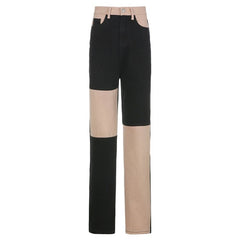 Boyfriend Jeans for Women Loose Patchwork High Waist Trousers Pockets Female Mom Wide Leg Denim Pants Ripped Straight Jeans