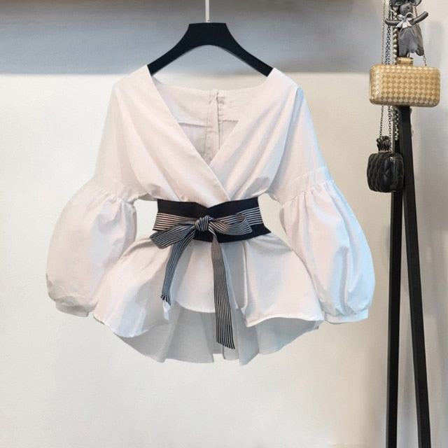 Lizakosht Lantern Sleeve Blouse Shirt Women Fashion Korean Style Summer Bow V-neck Striped Shirt Elegant Ladies Tops Female Clothing