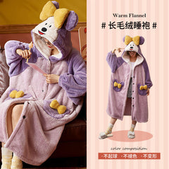 Lizakosht Women Nightgown Winter Flannel Sweet Hooded Sleepshirts Female Warm Cute Casual Loose Cozy Thicker Mid-calf Fashion Soft Chic