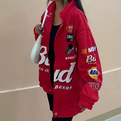 women winter jacket Coat Red Printed zipper Long Sleeve racing Jackets Vintage Sport Style Polyester Bomber Jacket Women 2021
