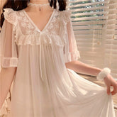 Princess Style Nightdress 2021 New Korean Summer Nightgown Vintage Lace White Dress Kawaii Bow Ruffles Sleepdress Soft Home Wear
