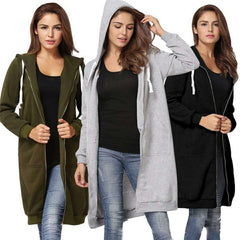 Autumn Casual Women Long Hoodies Sweatshirt Coat Zip Up Outerwears Hooded Jacket Winter Pockets Outwear Tops