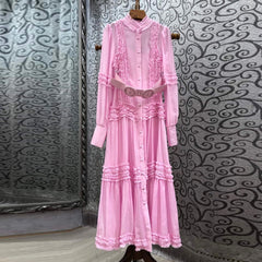 HIGH STREET Newest 2021 Designer Summer Fashion Women's Long Sleeve Buttons Fly Ruffles Belted Holiday Maxi Long Dress