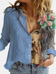 Lizakosht Fashion Retro Portrait Floral Print Women Shirt Autumn Stitching Button Long Sleeve Cotton Linen Blouses Casual Street Lady Top