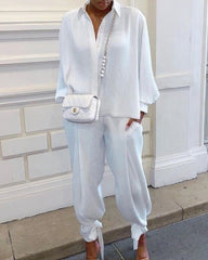 Hirigin 2021 Fashion Women's Suit Screw Loose Top Stand Collar Long Sleeve Shirt Pocket Pants with Lace Up Hem