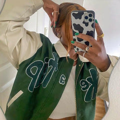 Autumn ‘TAKE A TRIP’ Bomber Jacket Women Grass Green Contrast Sleeve Bomber Jacket with Letter Applique Baseball Jacket