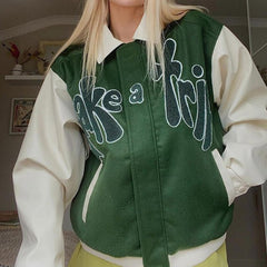 Autumn ‘TAKE A TRIP’ Bomber Jacket Women Grass Green Contrast Sleeve Bomber Jacket with Letter Applique Baseball Jacket