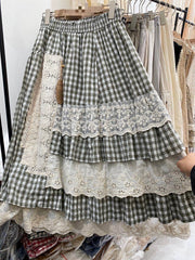 New Mori women's elastic waist plaid skirt lace stitching asymmetric Ruffle cake skirt female 6863