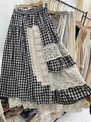 New Mori women's elastic waist plaid skirt lace stitching asymmetric Ruffle cake skirt female 6863