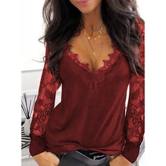 Casual V-neck Lace Long Sleeve T-shirt for Women Spring Winter Clothes Y2K Sexy Solid Color Black Tee Shirt Office Lady Top