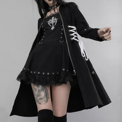 Autumn Winter New Gothic Fashion High Street Solid Color Women's Trench Coat Zipper Puttee Draw Back Long Sleeve Design