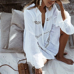 Women Swimsuit Cover Up Sleeve Kaftan Beach Tunic Dress Robe De Plage Solid White Cotton Pareo High Collar Beachwear