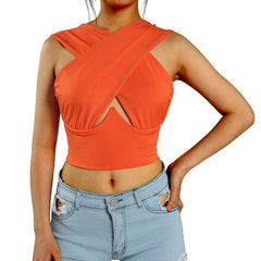 LIZAKOSHT - Women's Criss Cross Tank Tops Sexy Sleeveless Solid Color Cutout Front Crop Tops Party Club Streetwear Summer Lady Bustier Tops