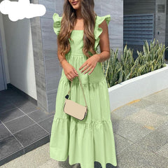 Lizakosht 14 Colors Celmia Summer Maxi Sundress Women Sexy Sleeveless Ruffled Dress Bohemian Square Collar Casual Beach Party Vestido Robe