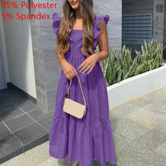 Lizakosht 14 Colors Celmia Summer Maxi Sundress Women Sexy Sleeveless Ruffled Dress Bohemian Square Collar Casual Beach Party Vestido Robe