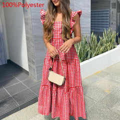 Lizakosht 14 Colors Celmia Summer Maxi Sundress Women Sexy Sleeveless Ruffled Dress Bohemian Square Collar Casual Beach Party Vestido Robe