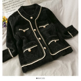 New Mink Cashmere Loose Sweater Cardigan Jacket Women Autumn and Winter Short Bright Silk Stripe Thickened Knitted Top Coat